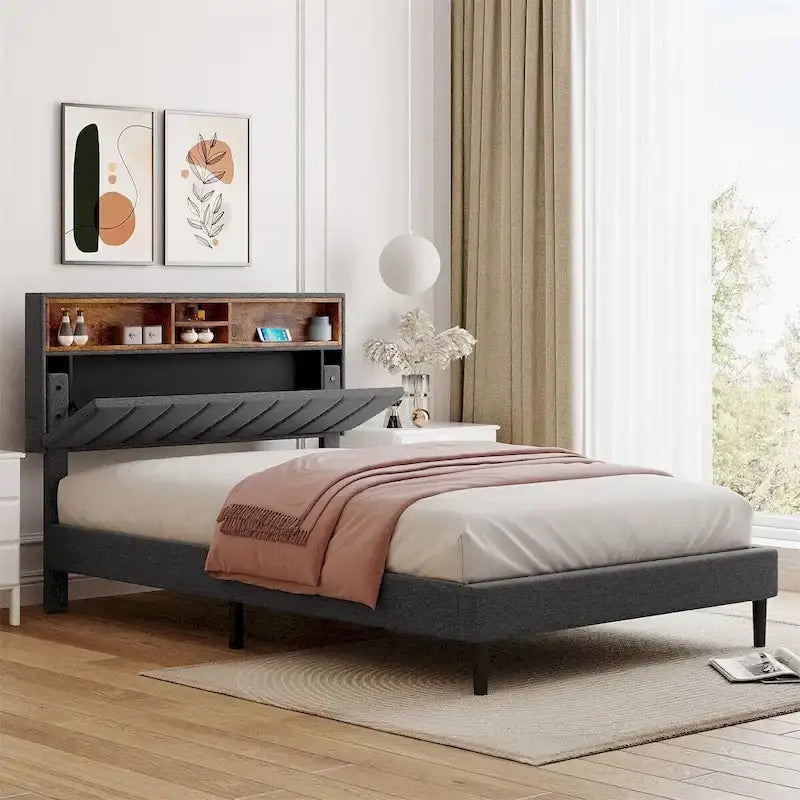 Letto a piattaforma imbottito Merax con testiera contenitore e porta USB