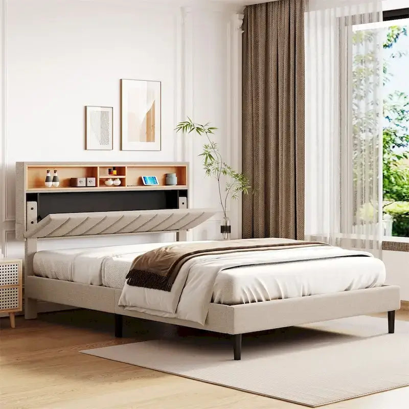 Letto a piattaforma imbottito Merax con testiera contenitore e porta USB