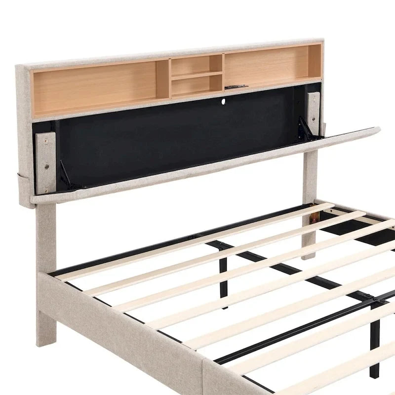 Letto a piattaforma imbottito Merax con testiera contenitore e porta USB