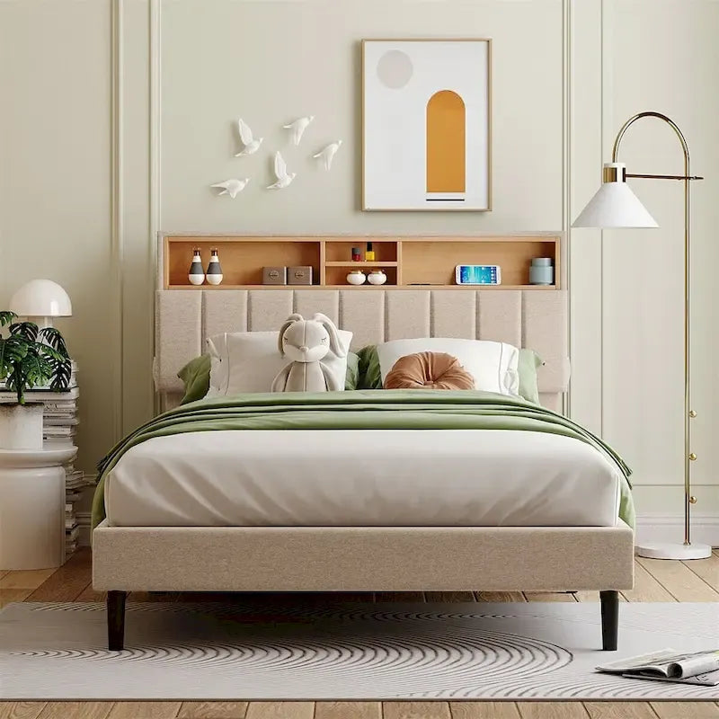 Letto a piattaforma imbottito Merax con testiera contenitore e porta USB