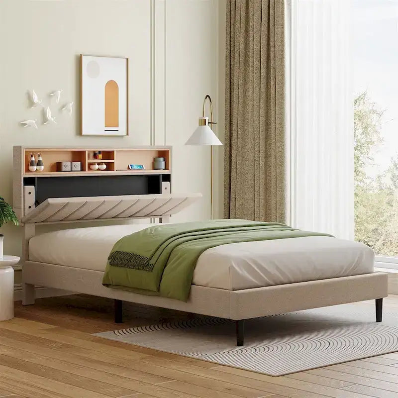 Letto a piattaforma imbottito Merax con testiera contenitore e porta USB
