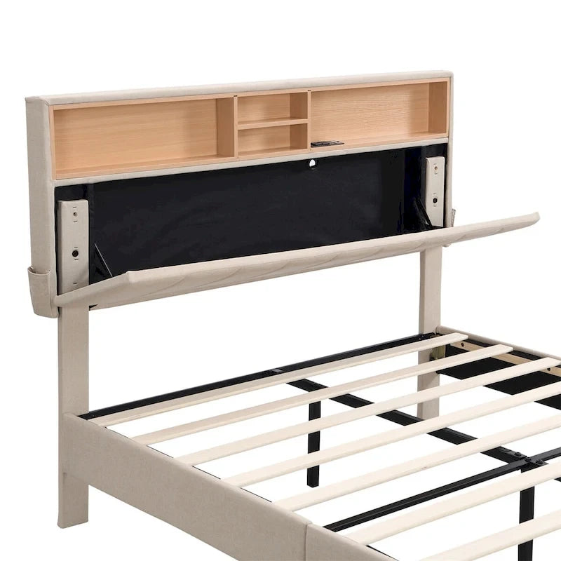 Letto a piattaforma imbottito Merax con testiera contenitore e porta USB