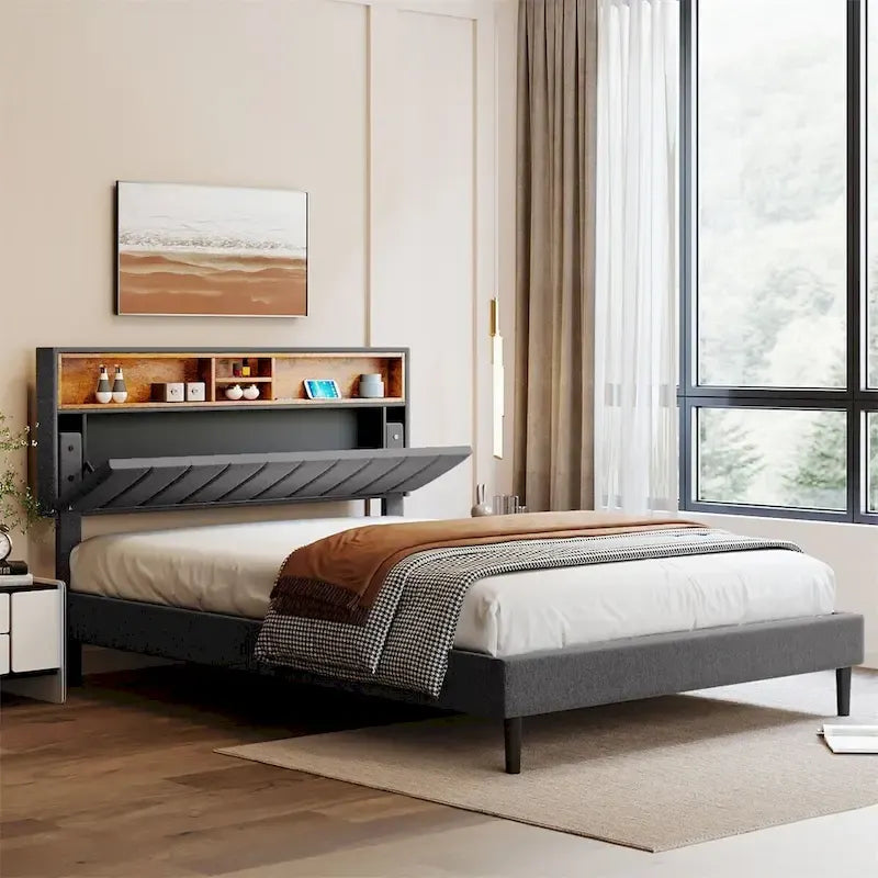 Letto a piattaforma imbottito Merax con testiera contenitore e porta USB