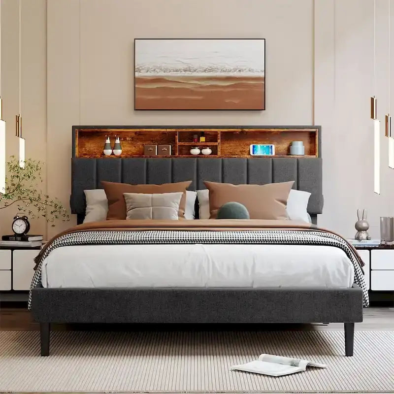 Letto a piattaforma imbottito Merax con testiera contenitore e porta USB
