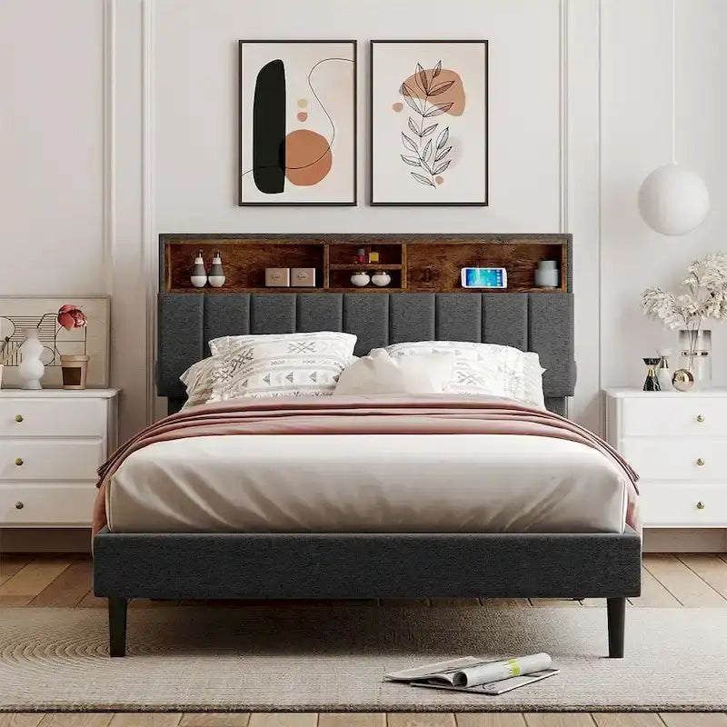 Letto a piattaforma imbottito Merax con testiera contenitore e porta USB