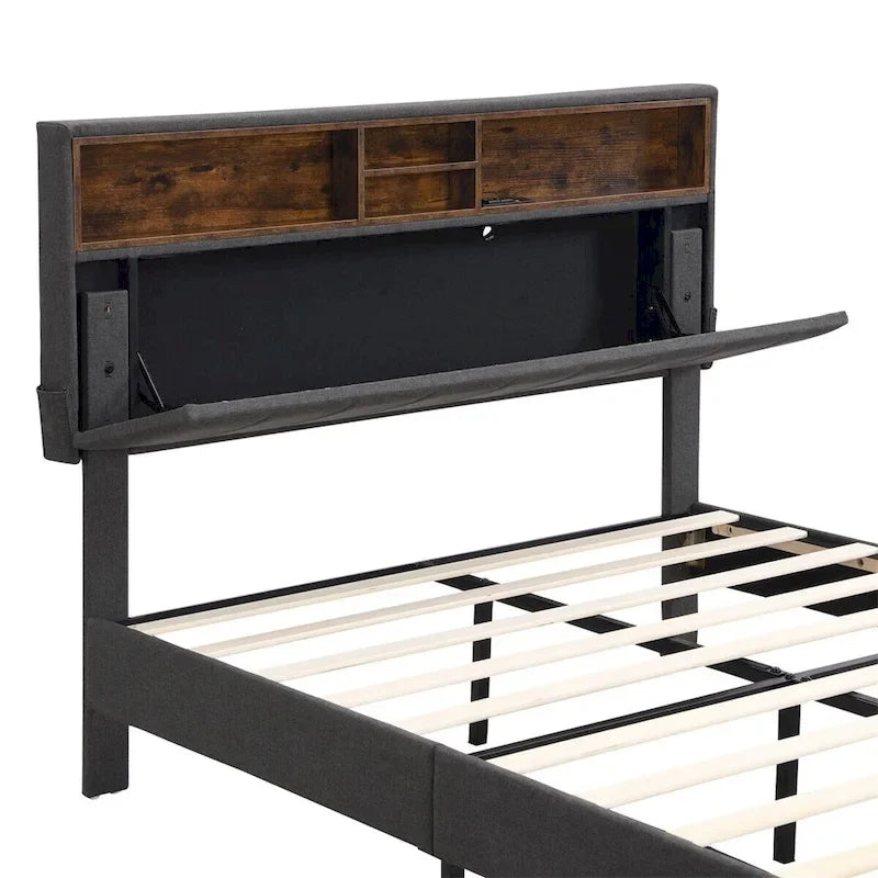 Letto a piattaforma imbottito Merax con testiera contenitore e porta USB