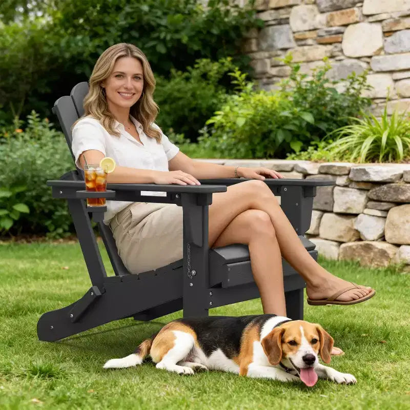 HYLEORY Sedia Adirondack Pieghevole in Plastica/Resina con Schienale Regolabile e Portabicchieri