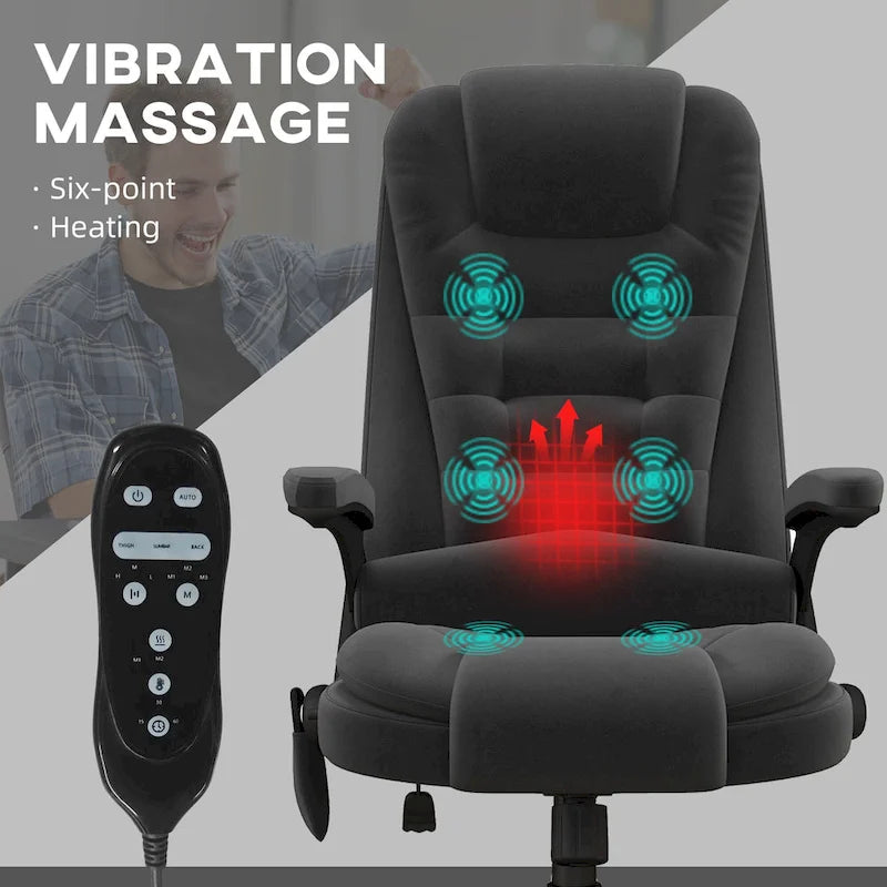 HOMCOM Sedia da Ufficio Massaggiante con 6 Punti a Vibrazione e Riscaldamento, Poltrona Ergonomica in Velluto con Schienale Reclinabile