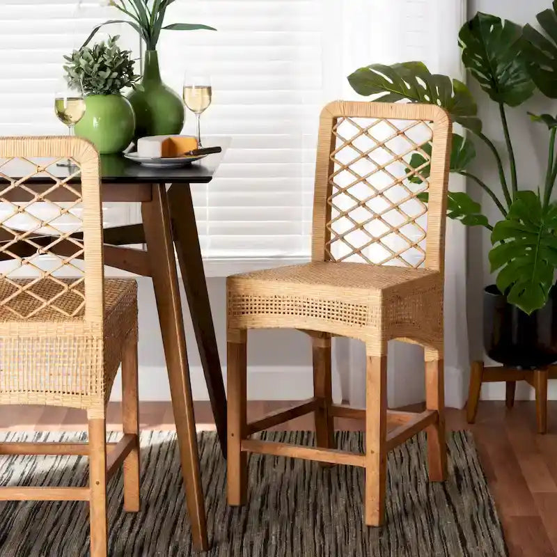 Sgabello da banco Moscow in legno e rattan naturale bohémien moderno