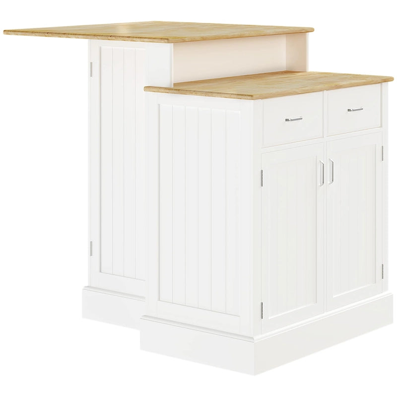 Isola da Cucina con Mobile Contenitore e Piano in Legno di Gomma a 2 Livelli, Tavolo Isola con Ripiani Regolabili e Cassetti