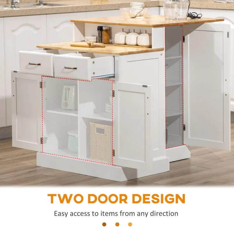 Isola da Cucina con Mobile Contenitore e Piano in Legno di Gomma a 2 Livelli, Tavolo Isola con Ripiani Regolabili e Cassetti