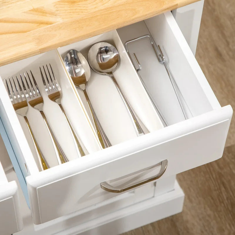 Isola da Cucina con Mobile Contenitore e Piano in Legno di Gomma a 2 Livelli, Tavolo Isola con Ripiani Regolabili e Cassetti