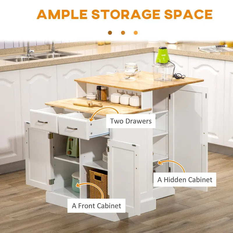 Isola da Cucina con Mobile Contenitore e Piano in Legno di Gomma a 2 Livelli, Tavolo Isola con Ripiani Regolabili e Cassetti