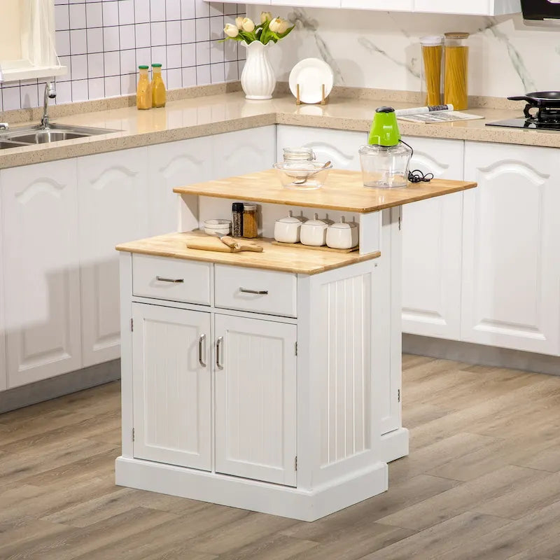 Isola da Cucina con Mobile Contenitore e Piano in Legno di Gomma a 2 Livelli, Tavolo Isola con Ripiani Regolabili e Cassetti