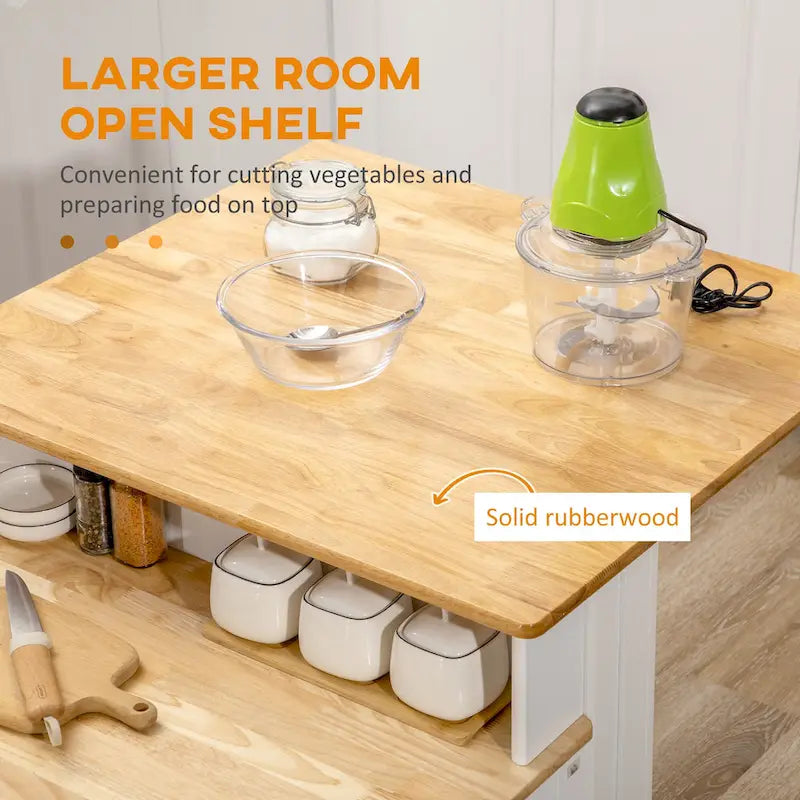 Isola da Cucina con Mobile Contenitore e Piano in Legno di Gomma a 2 Livelli, Tavolo Isola con Ripiani Regolabili e Cassetti
