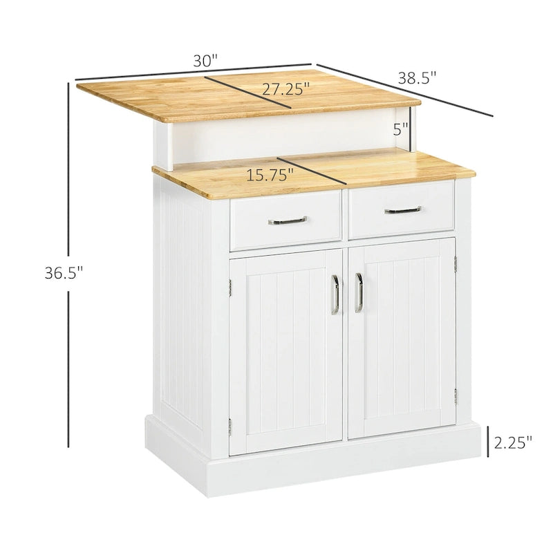 Isola da Cucina con Mobile Contenitore e Piano in Legno di Gomma a 2 Livelli, Tavolo Isola con Ripiani Regolabili e Cassetti