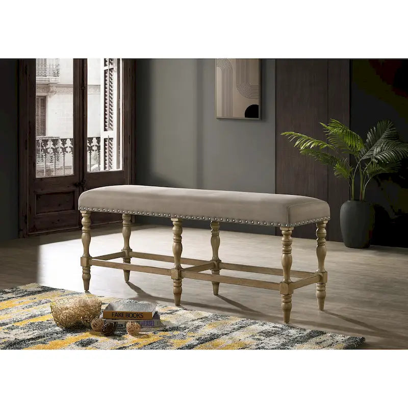 Set da pranzo ad altezza bancone Roundhill Furniture Birmingham da 6 pezzi con tavolo con finitura Driftwood e sedie con borchie