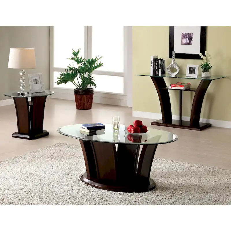 Set di 3 tavolini d'appoggio Pecs Contemporary Cherry con piano in vetro da 48 pollici di Furniture of America