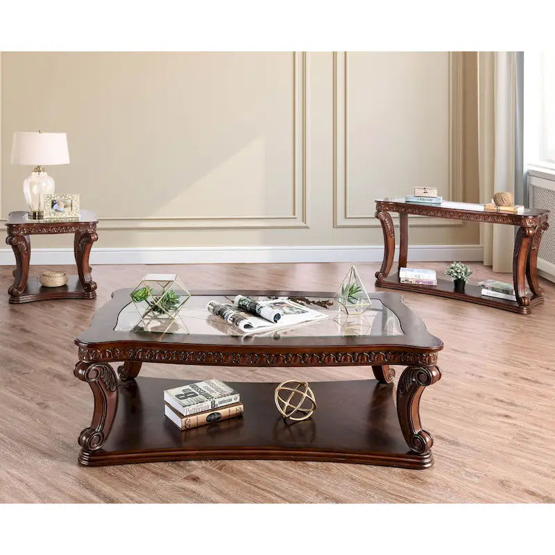 Tavolino con Base a Ripiano in Vetro e Legno Tradizionale Quercia Derg 26 Pollici di Furniture of America