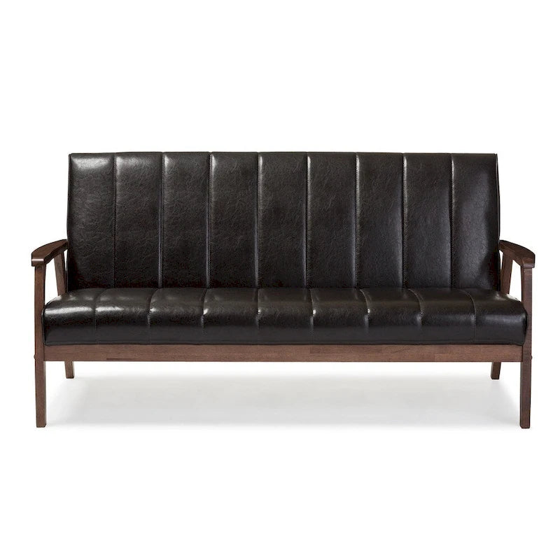 Divano a 3 posti Baxton Studio Nikko, stile scandinavo moderno di metà secolo, in similpelle marrone scuro e legno