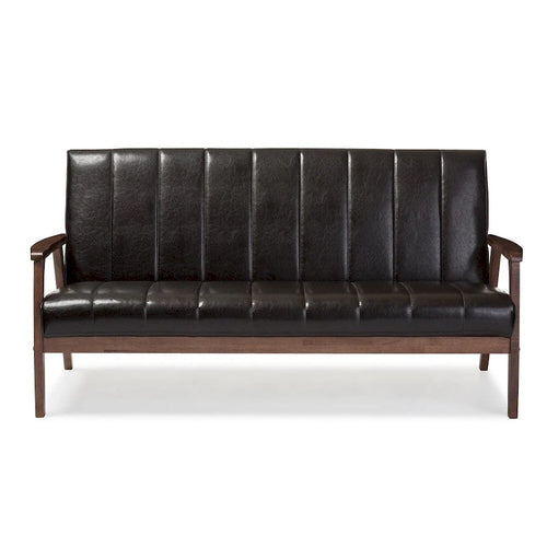 Divano a 3 posti Baxton Studio Nikko, stile scandinavo moderno di metà secolo, in similpelle marrone scuro e legno