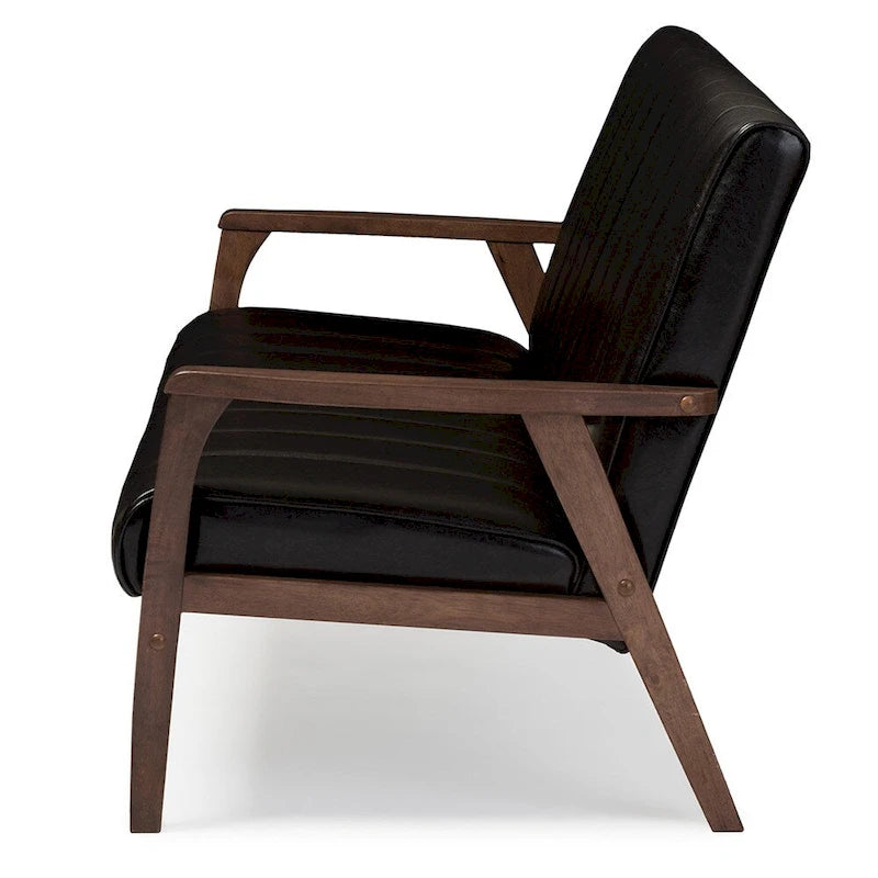 Divano a 3 posti Baxton Studio Nikko, stile scandinavo moderno di metà secolo, in similpelle marrone scuro e legno