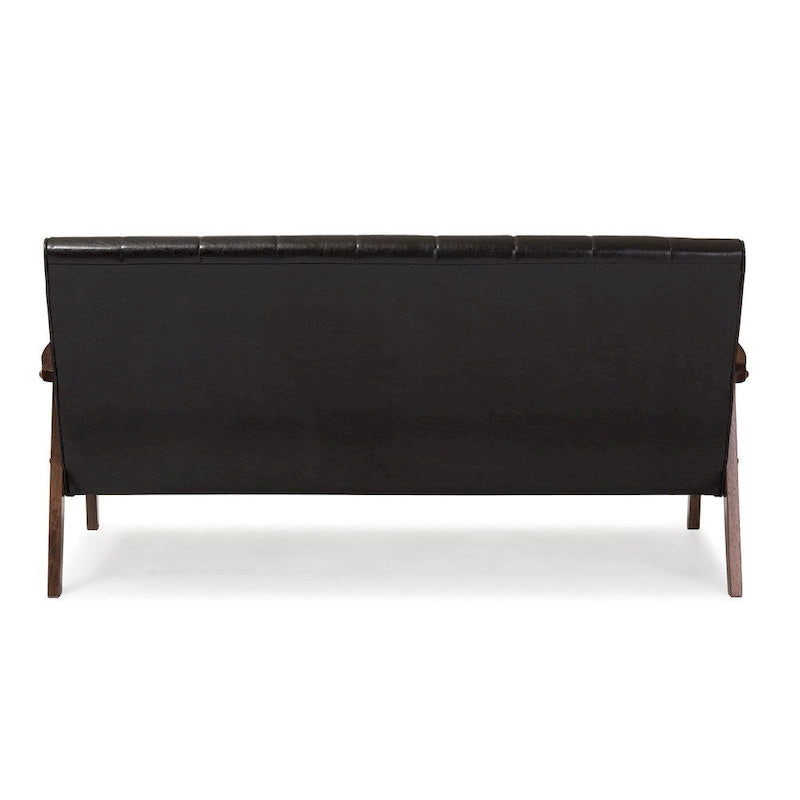 Divano a 3 posti Baxton Studio Nikko, stile scandinavo moderno di metà secolo, in similpelle marrone scuro e legno