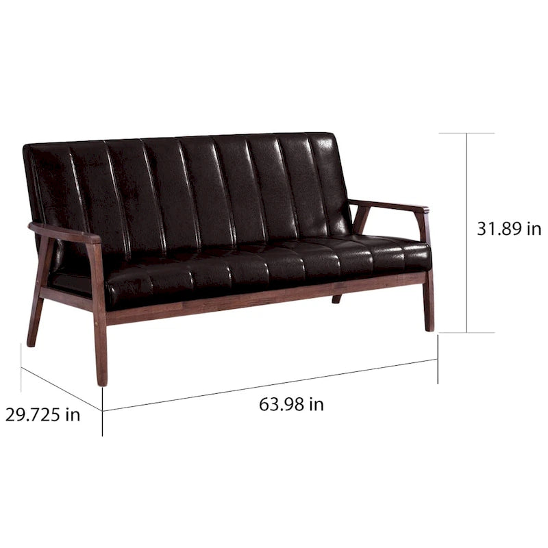 Divano a 3 posti Baxton Studio Nikko, stile scandinavo moderno di metà secolo, in similpelle marrone scuro e legno