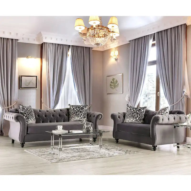 Divano Addae Glam in Velluto Grigio con Bottoni Trapuntati di Furniture of America