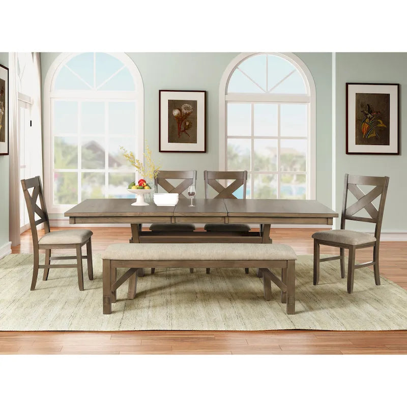 Set da pranzo da 6 pezzi Roundhill Furniture Raven Wood, tavolo da pranzo con 4 sedie e panca, pino marrone smaltato