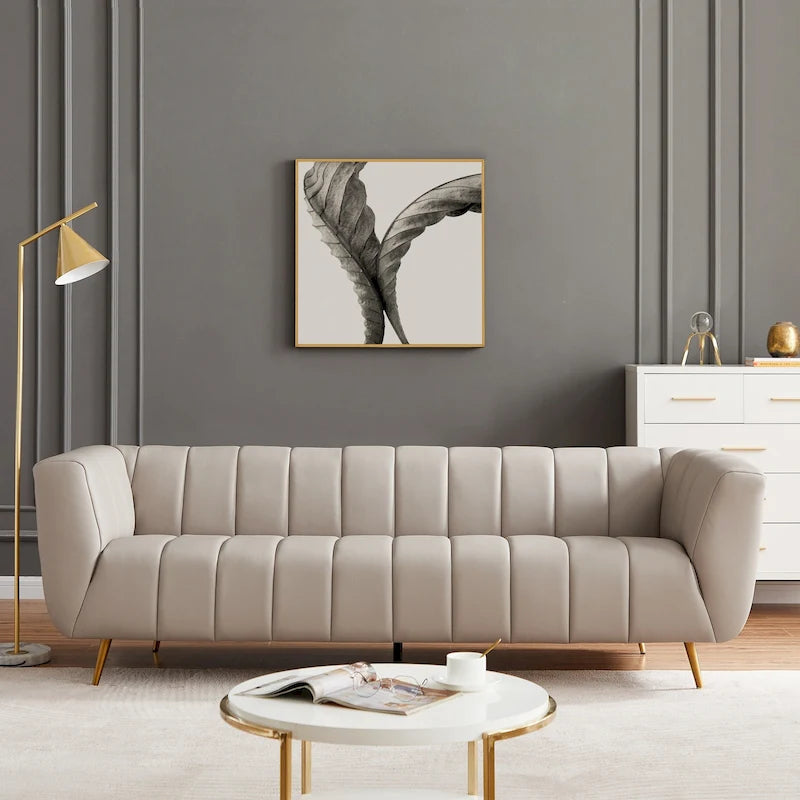Divano Clovis in Pelle Italiana Pieno Fiore Stile Moderno di Metà Secolo, Grigio Chiaro