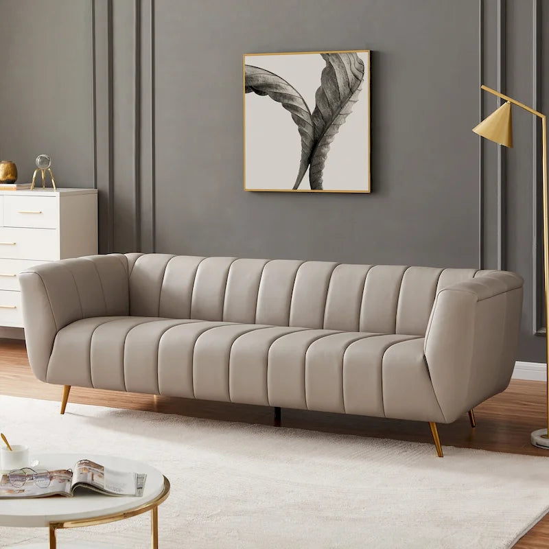 Divano Clovis in Pelle Italiana Pieno Fiore Stile Moderno di Metà Secolo, Grigio Chiaro