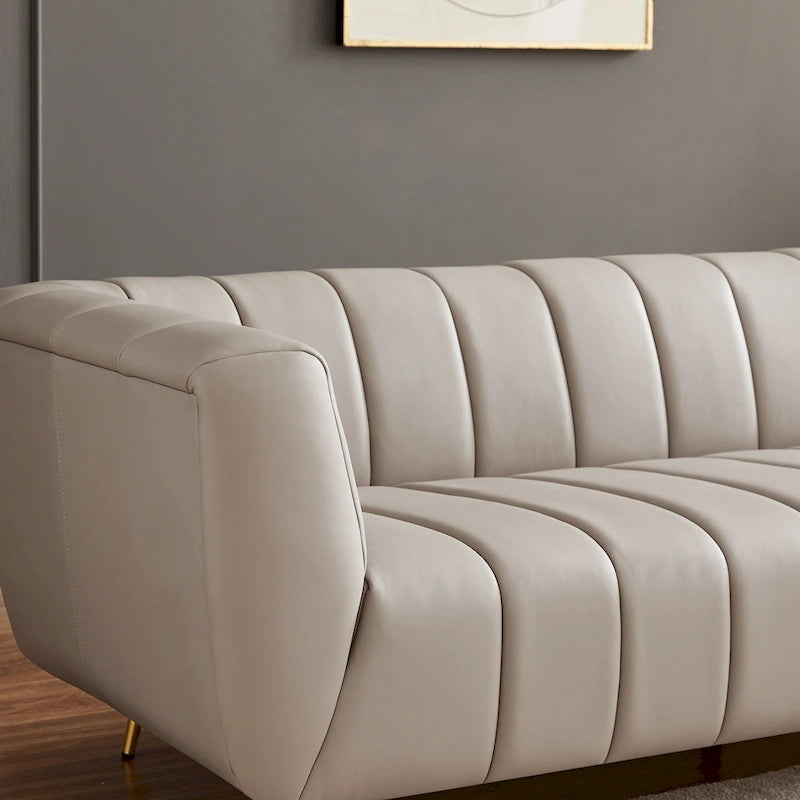 Divano Clovis in Pelle Italiana Pieno Fiore Stile Moderno di Metà Secolo, Grigio Chiaro