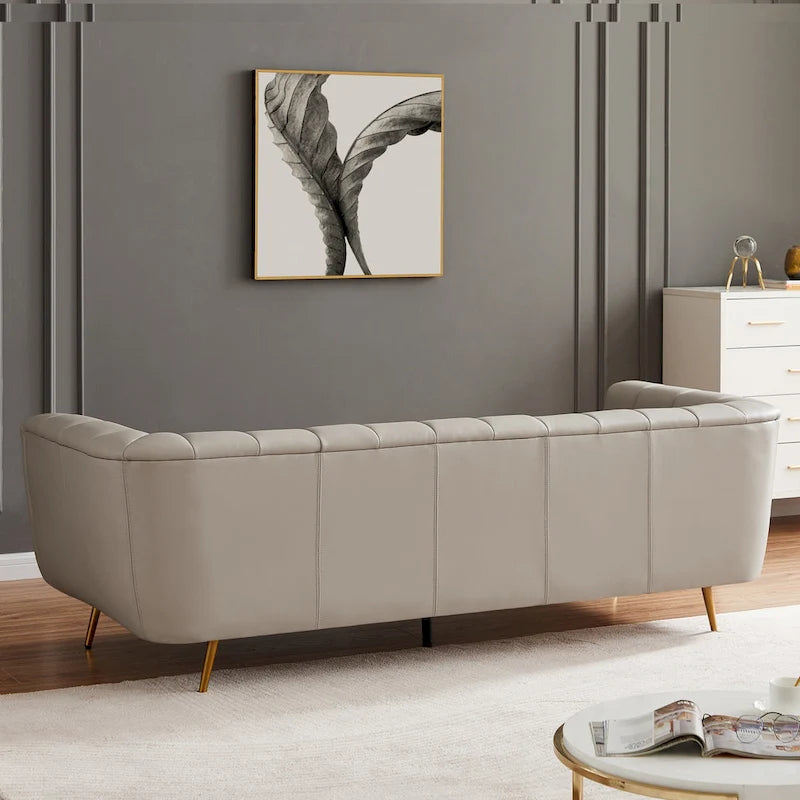 Divano Clovis in Pelle Italiana Pieno Fiore Stile Moderno di Metà Secolo, Grigio Chiaro