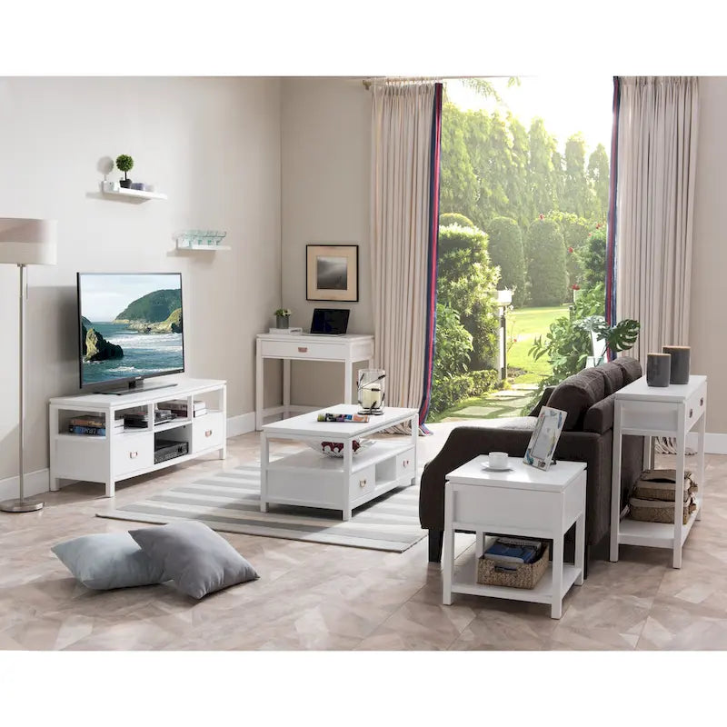 Set da 3 tavolini occasionali in legno con finitura bianca, tavolino da caffè e 2 tavolini laterali