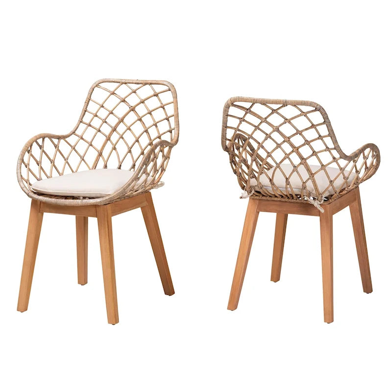 Set di 2 sedie da pranzo Ballerina in rattan lavato grigio e legno con finitura marrone naturale, stile bohémien moderno