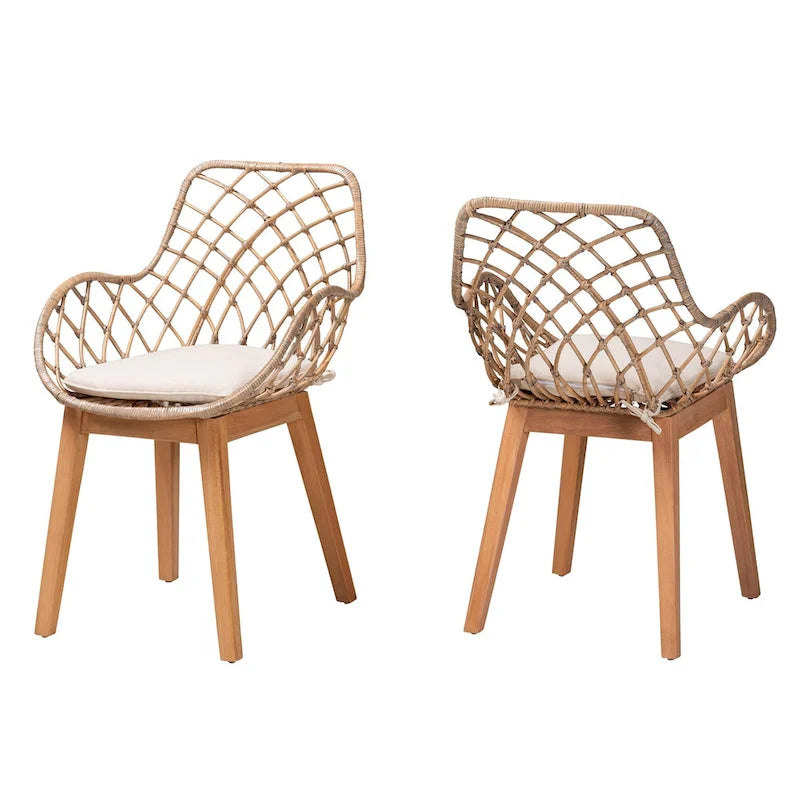 Set di 2 sedie da pranzo Ballerina in rattan lavato grigio e legno con finitura marrone naturale, stile bohémien moderno