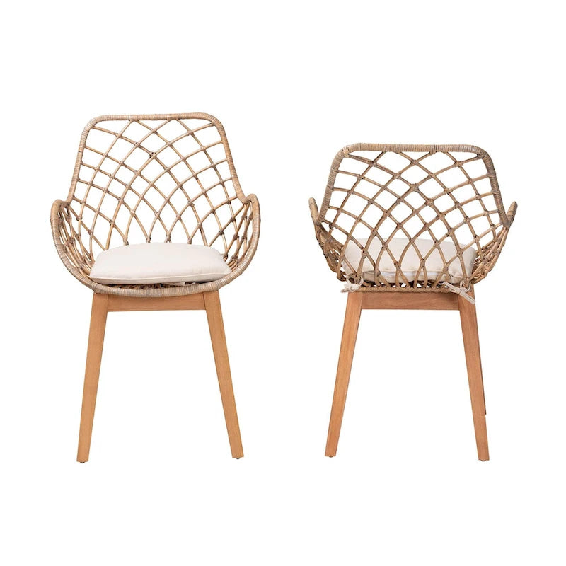 Set di 2 sedie da pranzo Ballerina in rattan lavato grigio e legno con finitura marrone naturale, stile bohémien moderno