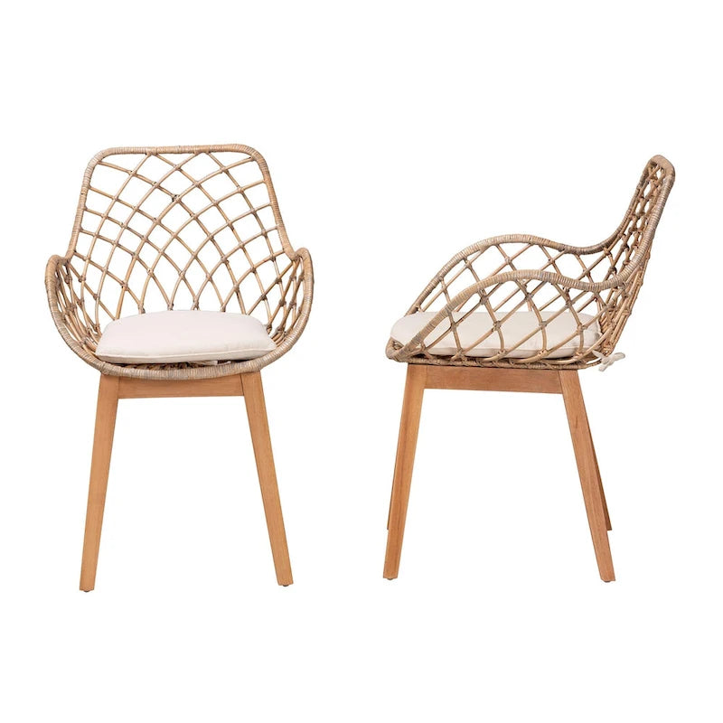 Set di 2 sedie da pranzo Ballerina in rattan lavato grigio e legno con finitura marrone naturale, stile bohémien moderno