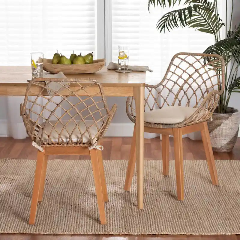 Set di 2 sedie da pranzo Ballerina in rattan lavato grigio e legno con finitura marrone naturale, stile bohémien moderno