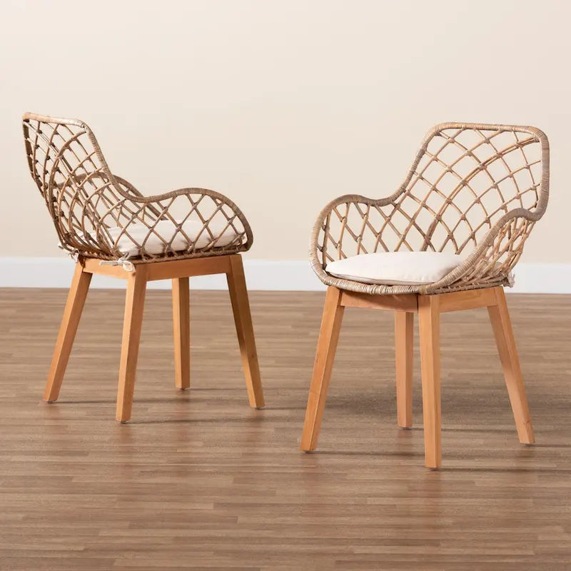 Set di 2 sedie da pranzo Ballerina in rattan lavato grigio e legno con finitura marrone naturale, stile bohémien moderno