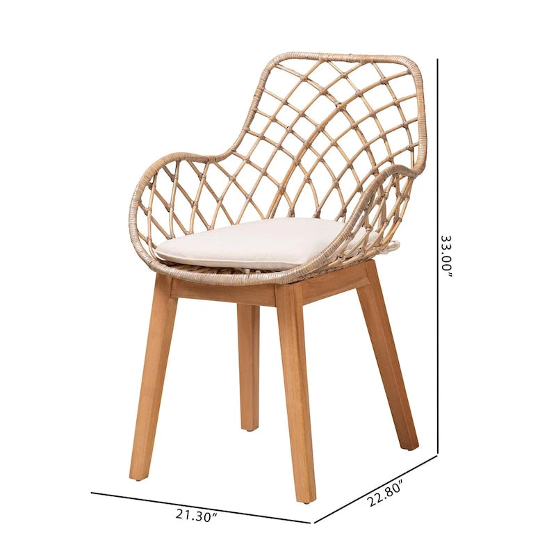 Set di 2 sedie da pranzo Ballerina in rattan lavato grigio e legno con finitura marrone naturale, stile bohémien moderno