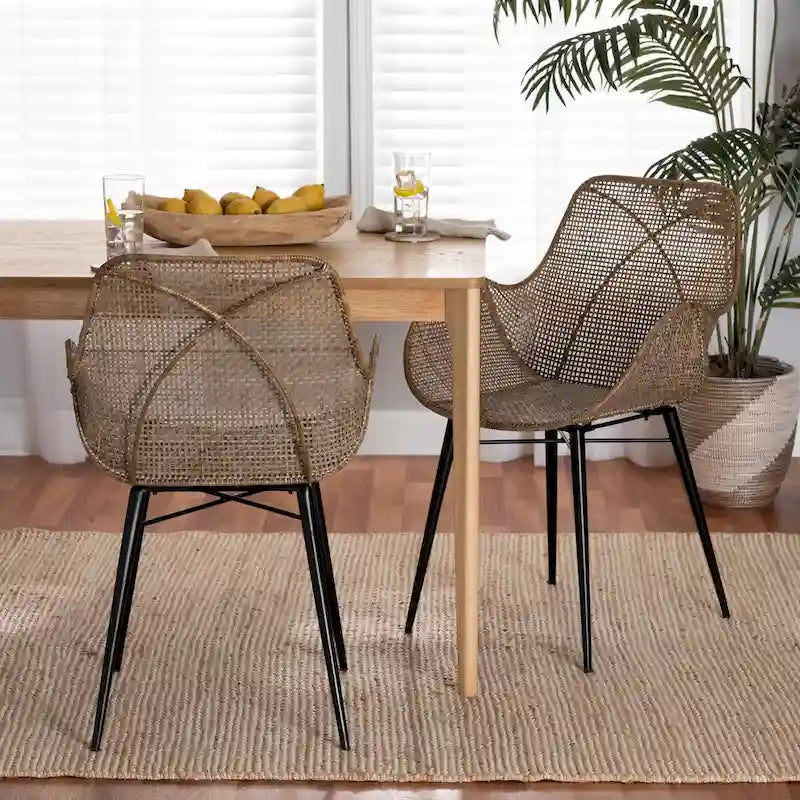 Set di 2 sedie da pranzo Ballerina in rattan lavato grigio e legno con finitura marrone naturale, stile bohémien moderno