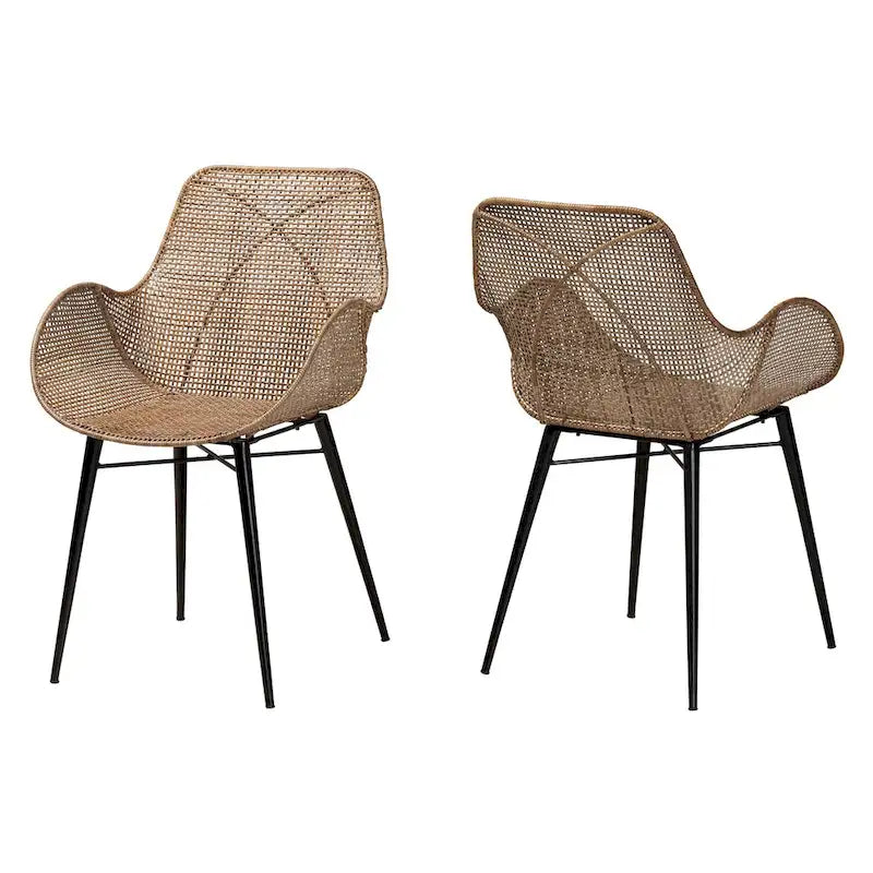 Set di 2 sedie da pranzo Ballerina in rattan lavato grigio e legno con finitura marrone naturale, stile bohémien moderno