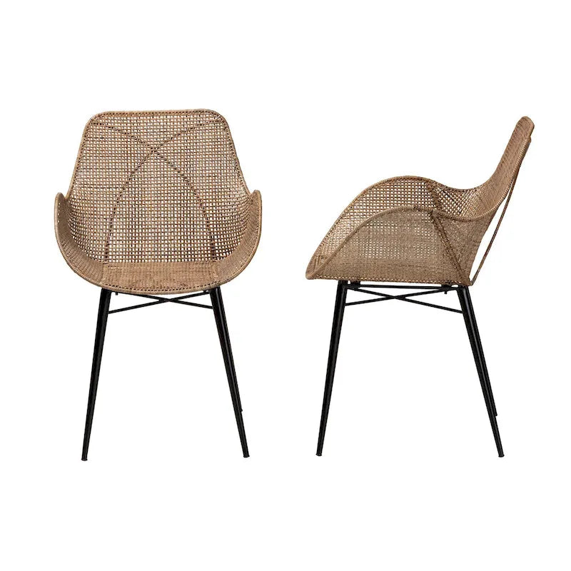 Set di 2 sedie da pranzo Ballerina in rattan lavato grigio e legno con finitura marrone naturale, stile bohémien moderno