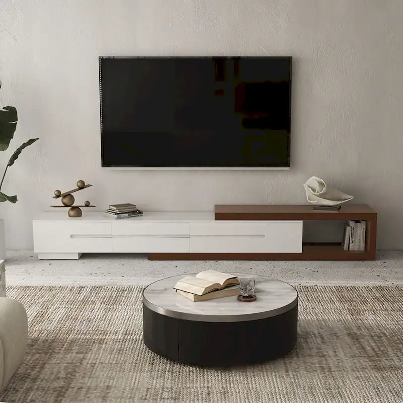 Mobile TV moderno allungabile bianco, mobile consolle multimediale in legno massello per TV fino a 100 pollici con 3 cassetti, completamente assemblato, impiallacciatura in noce