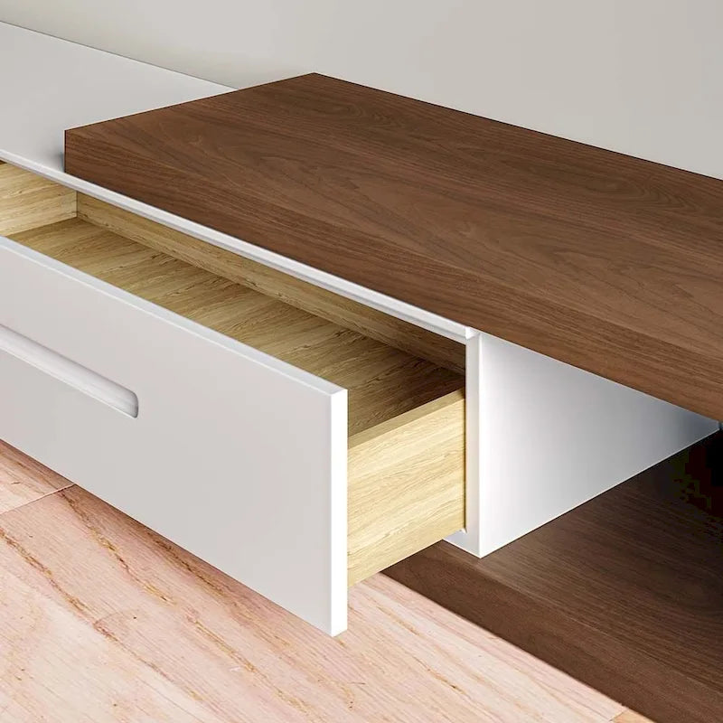 Mobile TV moderno allungabile bianco, mobile consolle multimediale in legno massello per TV fino a 100 pollici con 3 cassetti, completamente assemblato, impiallacciatura in noce