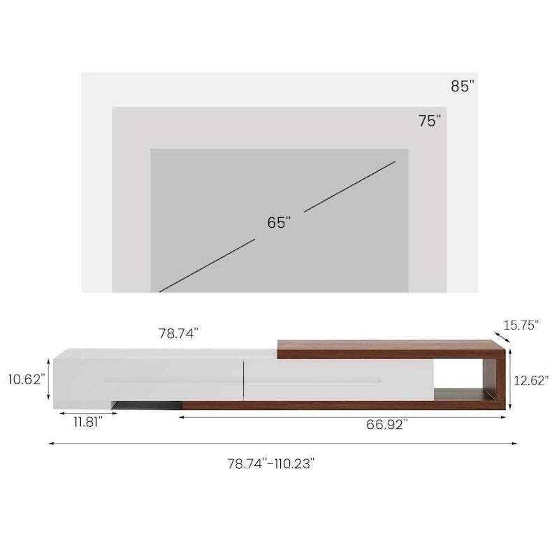 Mobile TV moderno allungabile bianco, mobile consolle multimediale in legno massello per TV fino a 100 pollici con 3 cassetti, completamente assemblato, impiallacciatura in noce
