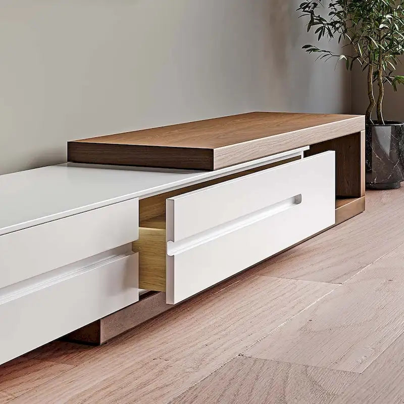 Mobile TV moderno allungabile bianco, mobile consolle multimediale in legno massello per TV fino a 100 pollici con 3 cassetti, completamente assemblato, impiallacciatura in noce