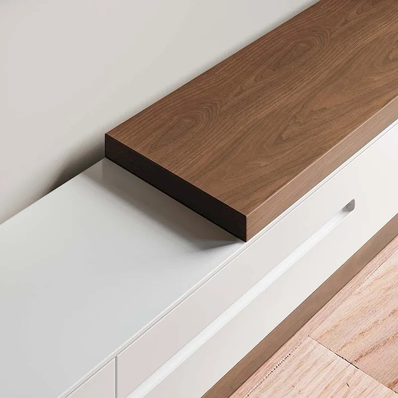 Mobile TV moderno allungabile bianco, mobile consolle multimediale in legno massello per TV fino a 100 pollici con 3 cassetti, completamente assemblato, impiallacciatura in noce